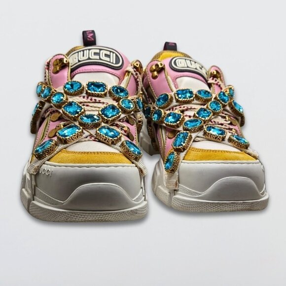 Gucci Journey Flashtrek Crystal Sneakers Jewel Chunky Sole Pink/Yellow/White - Picture 4 of 14
